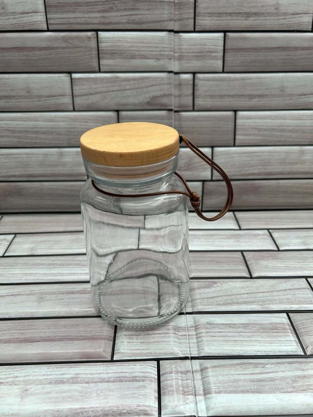 Glass Storage Jar with Wooden Lid and Leather Hanging Strap